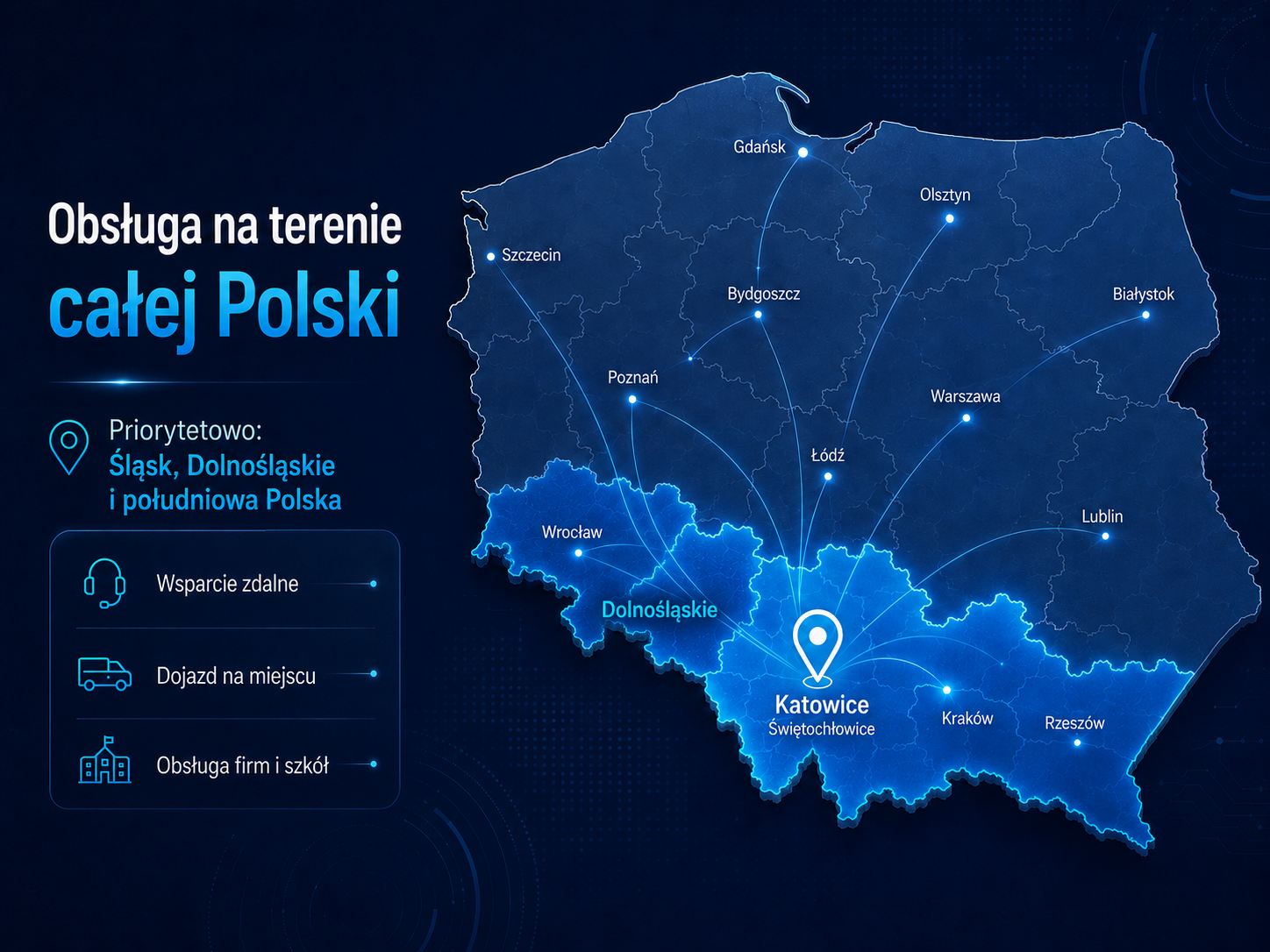 Mapa Polski z zaznaczonym obszarem działania WINGS: cała Polska, priorytetowo Śląsk i południowa Polska